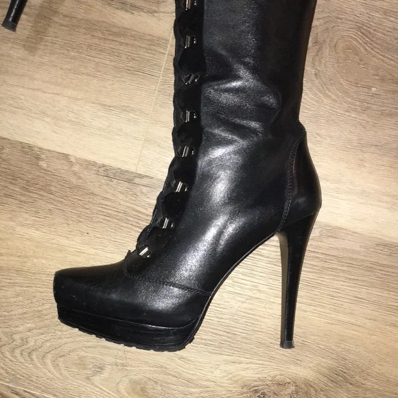 - STUART WEITZMAN BLK OVER THE KNEE SOFT REAL LEATHER LACED TIE UP PLATFOR…